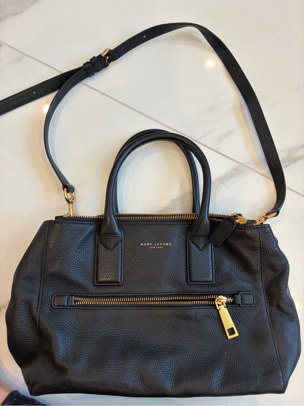 Marc Jacobs Black Pebbled Leather Satchel with Gold Hardware and Removable Strap
